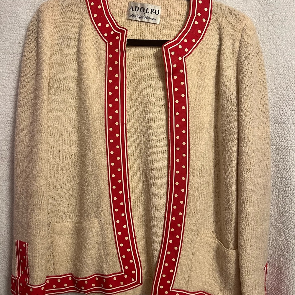 Adolfo Saks Fifth Avenue Cream Open Front Cardigan with Red Polka Dot Trim